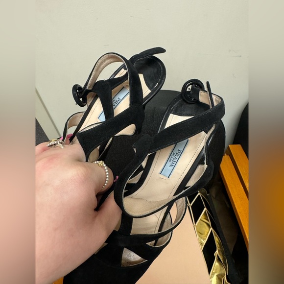 FINAL PRICE Prada Camoscio 2 Black Suede Platform Strappy Heels - Picture 11 of 12